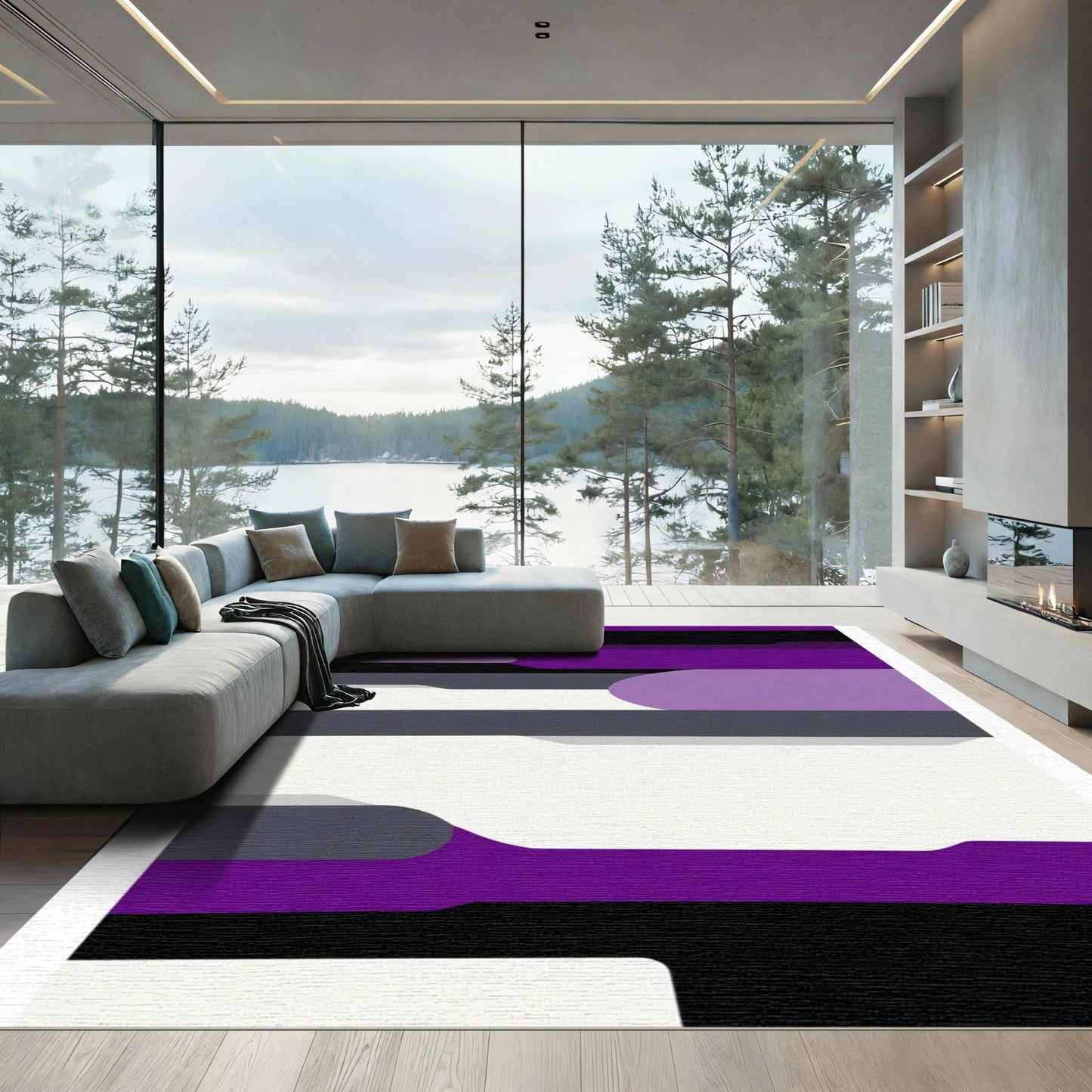 Bold Purple Gray Abstract Shapes Rug