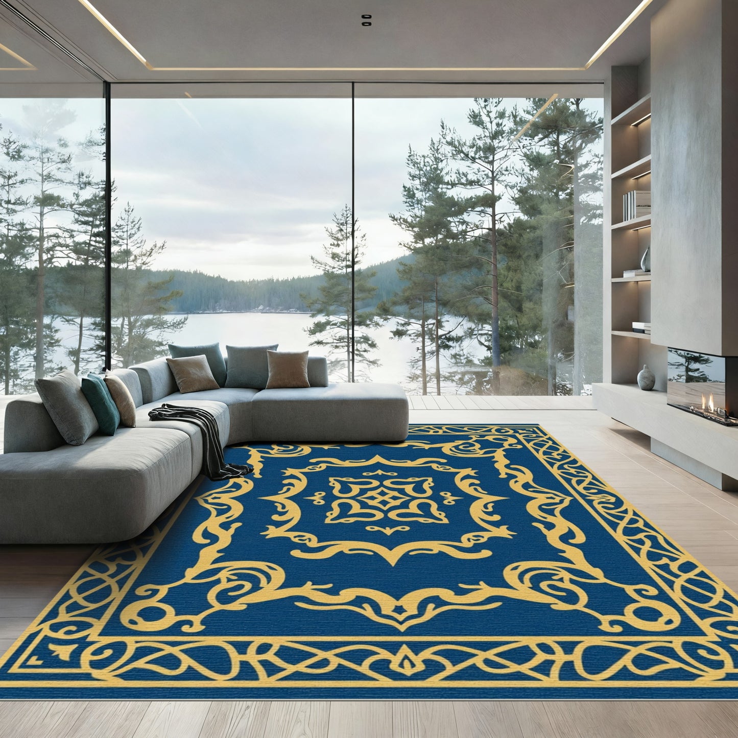 Royal Blue Gold Ornate Scroll Rug