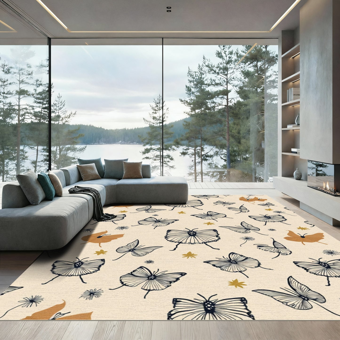 Tan Butterfly Whimsy Line Art Rug