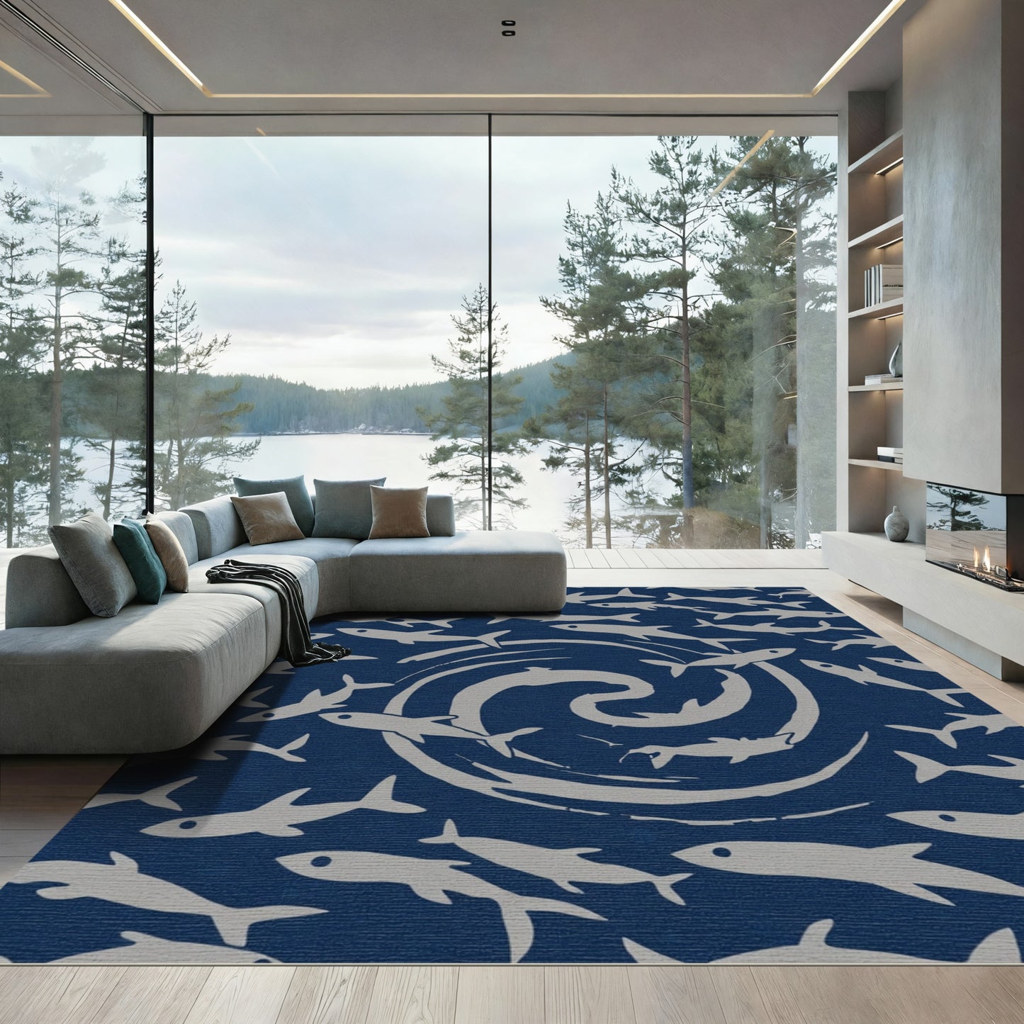 Oceanic Blue School Of Fish Swirl Rug