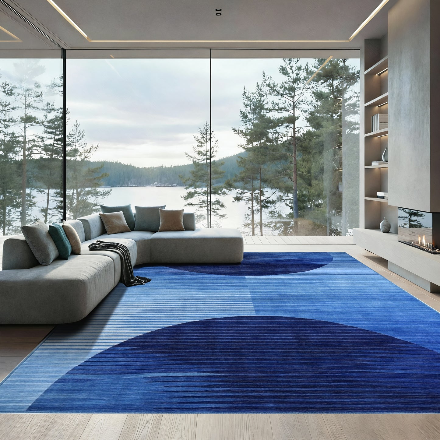 Navy Dual Striped Semicircles Rug