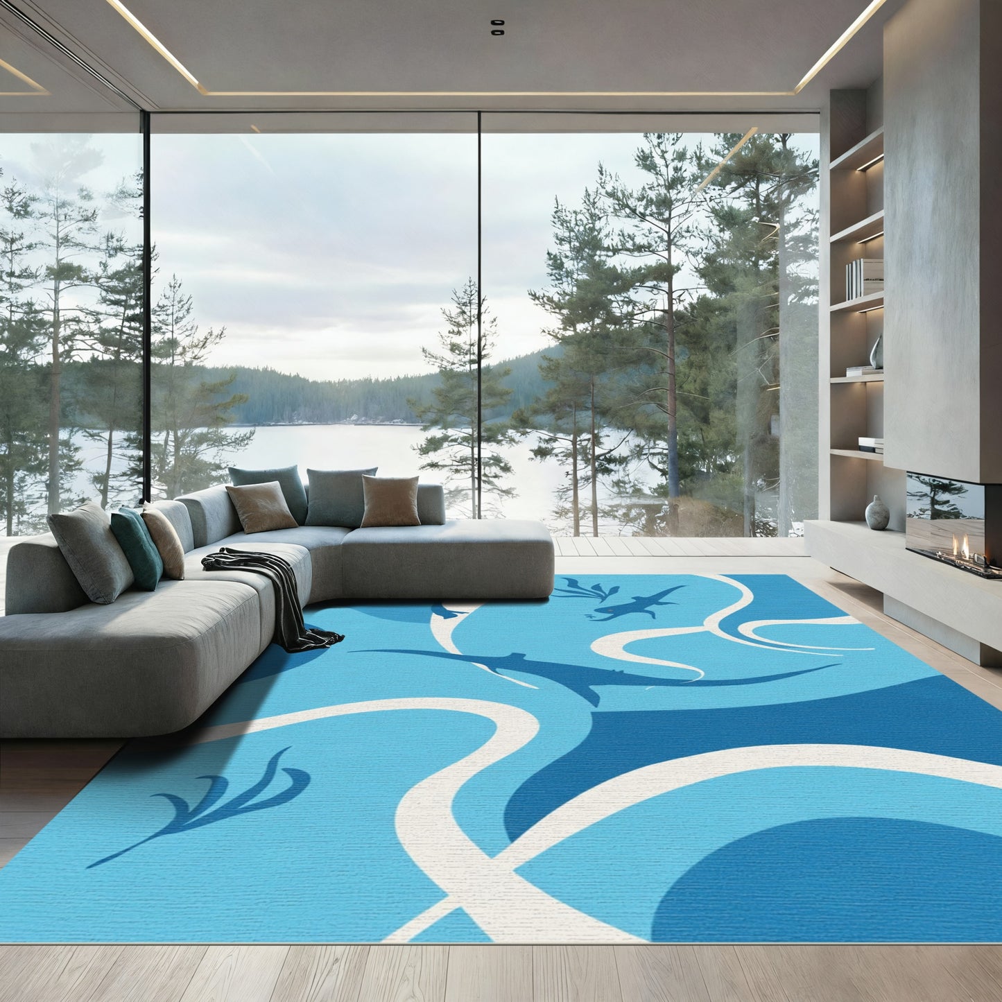 Deep Blue Marine Fauna Waves Rug