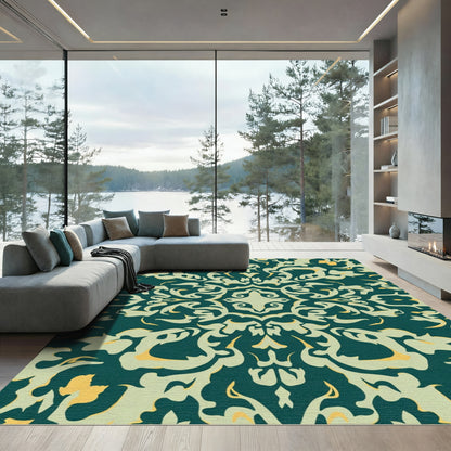 Teal Golden Flourish Damask Rug