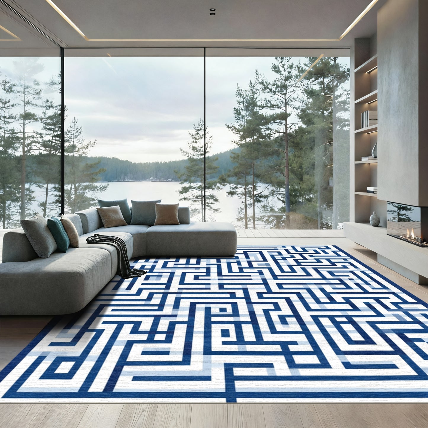 Navy Blue Geometric Labyrinth Rug