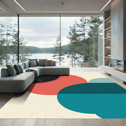 Retro Circles Teal Coral Black Abstract Rug