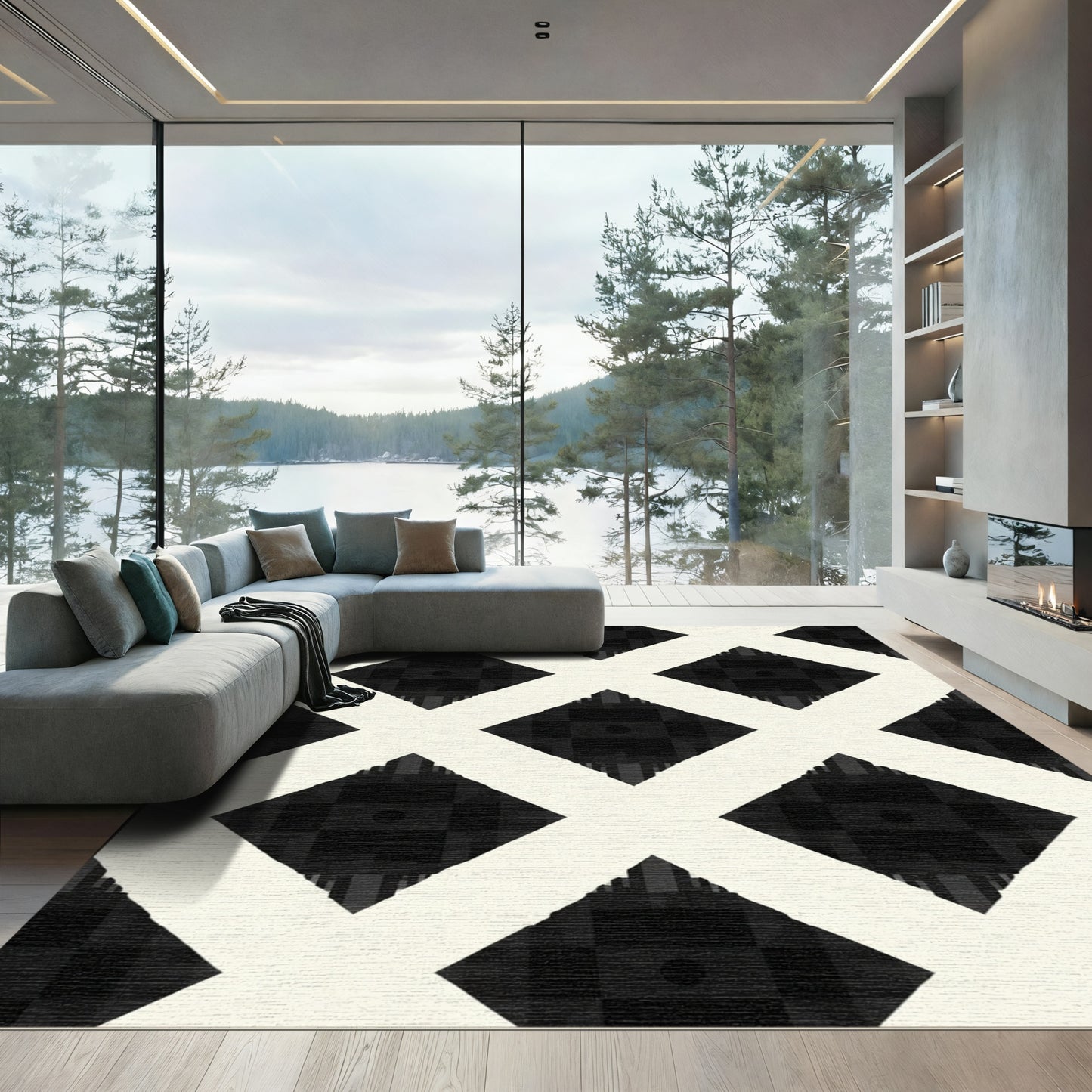 Black Cream Diamond Lattice Rug