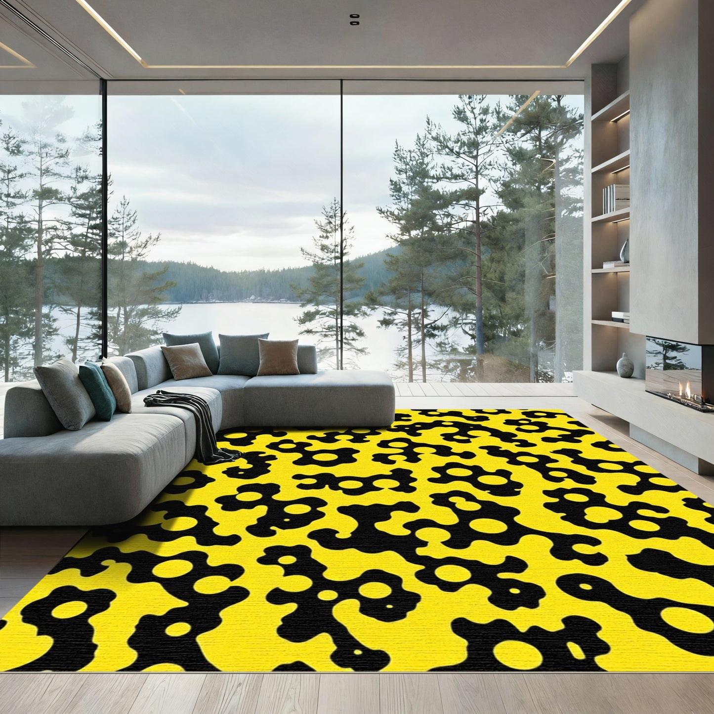 Bold Yellow Black Organic Fluid Shape Rug