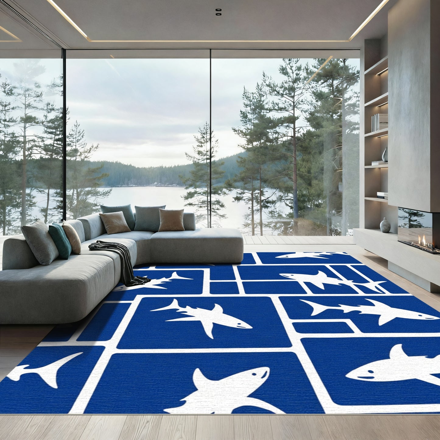 Bold Blue White Shark Mosaic Rug