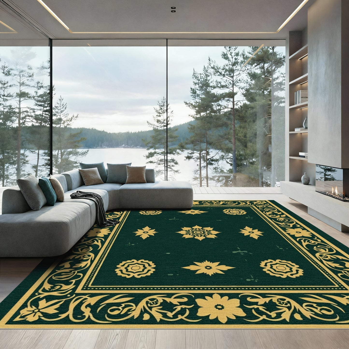 Deep Emerald Floral Medallion Border Rug