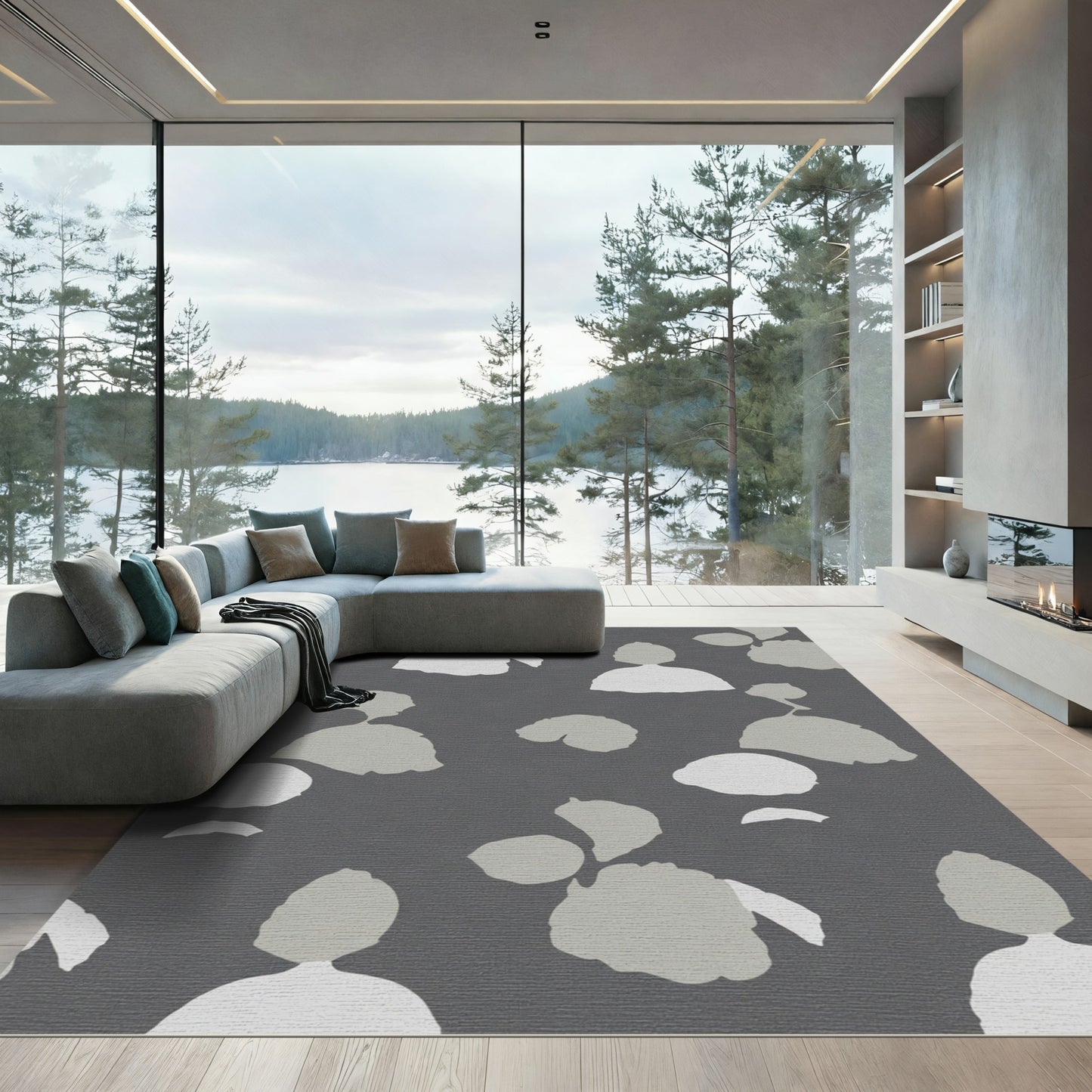 Neutral Gray Abstract Floral Forms Rug