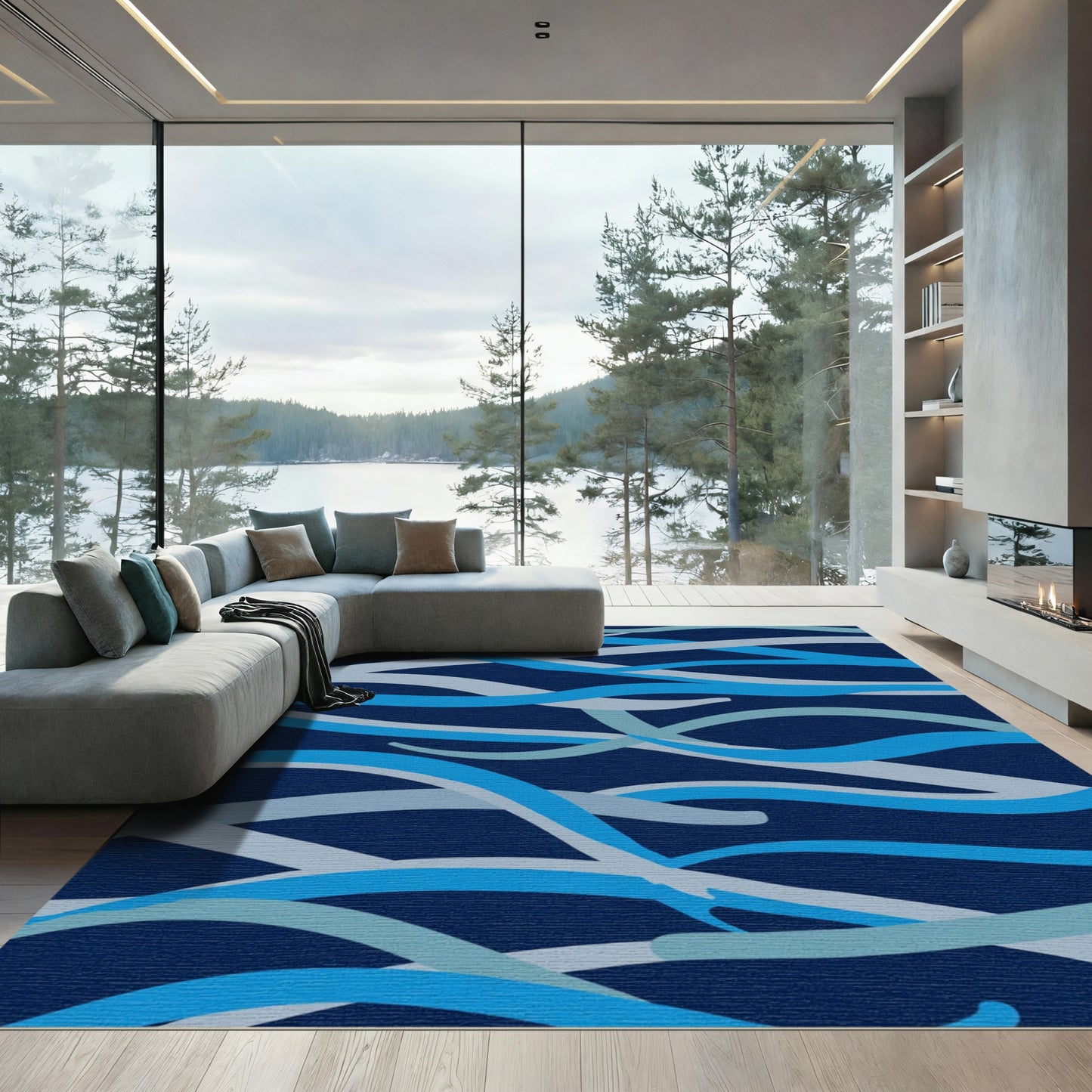 Navy Blue Abstract Wave Ribbon Rug