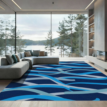 Navy Blue Abstract Wave Ribbon Rug