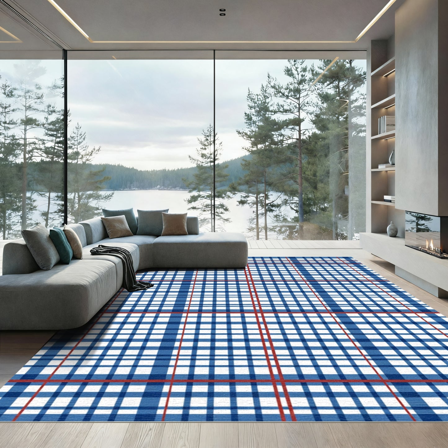 Classic Blue Red Plaid Check Rug