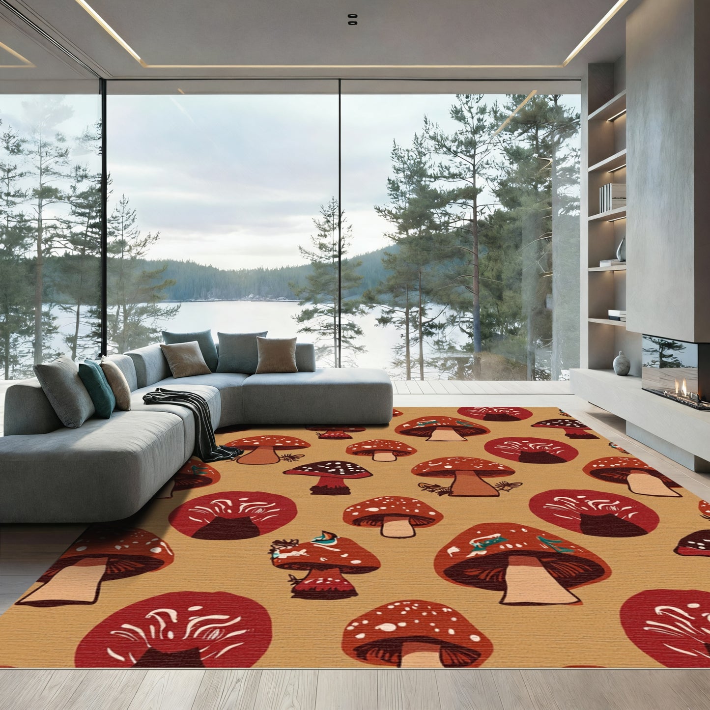Earthy Red Mushroom Woodland Pattern Rug
