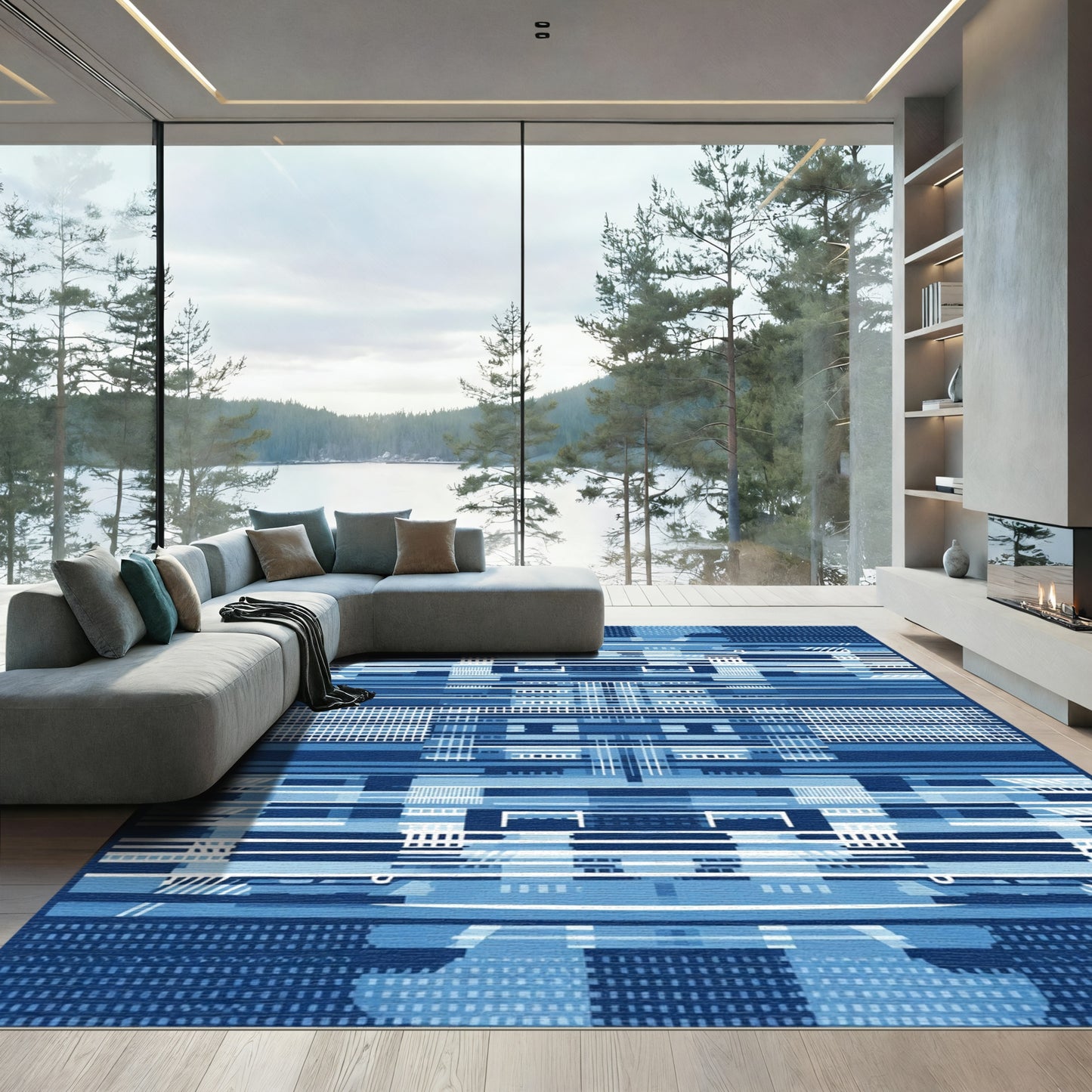 Abstract Blue Geometric Stripe Rug