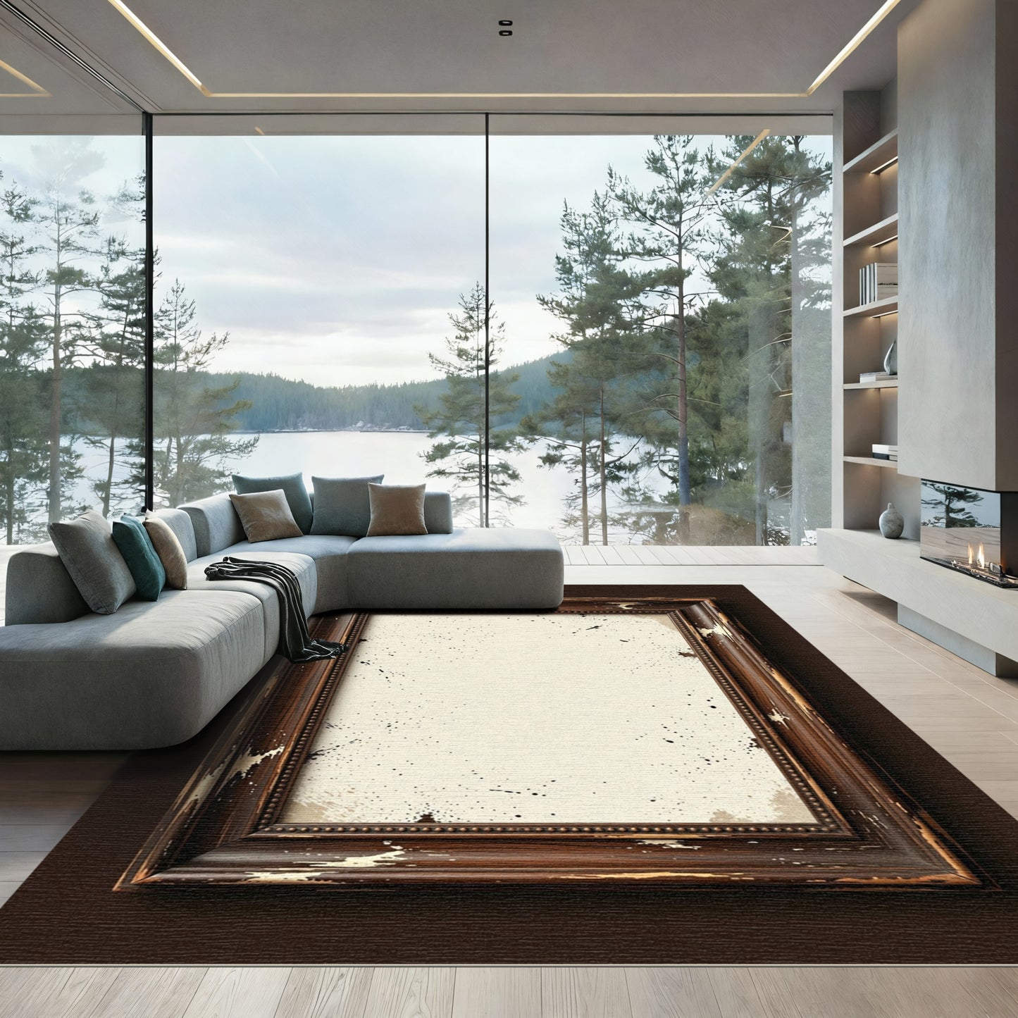Distressed Dark Wood Speckle Frame Rug