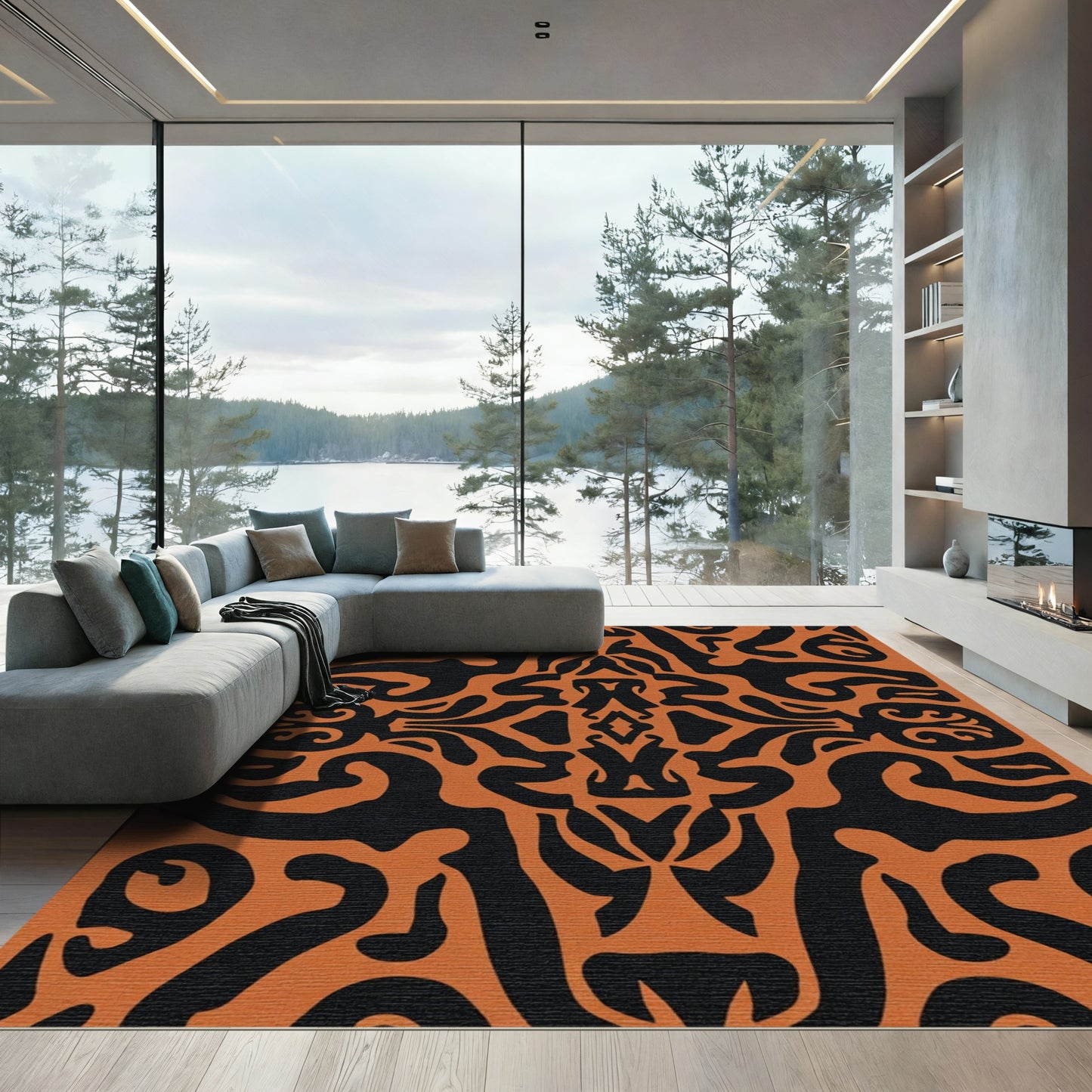 Orange Black Tribal Symmetry Rug
