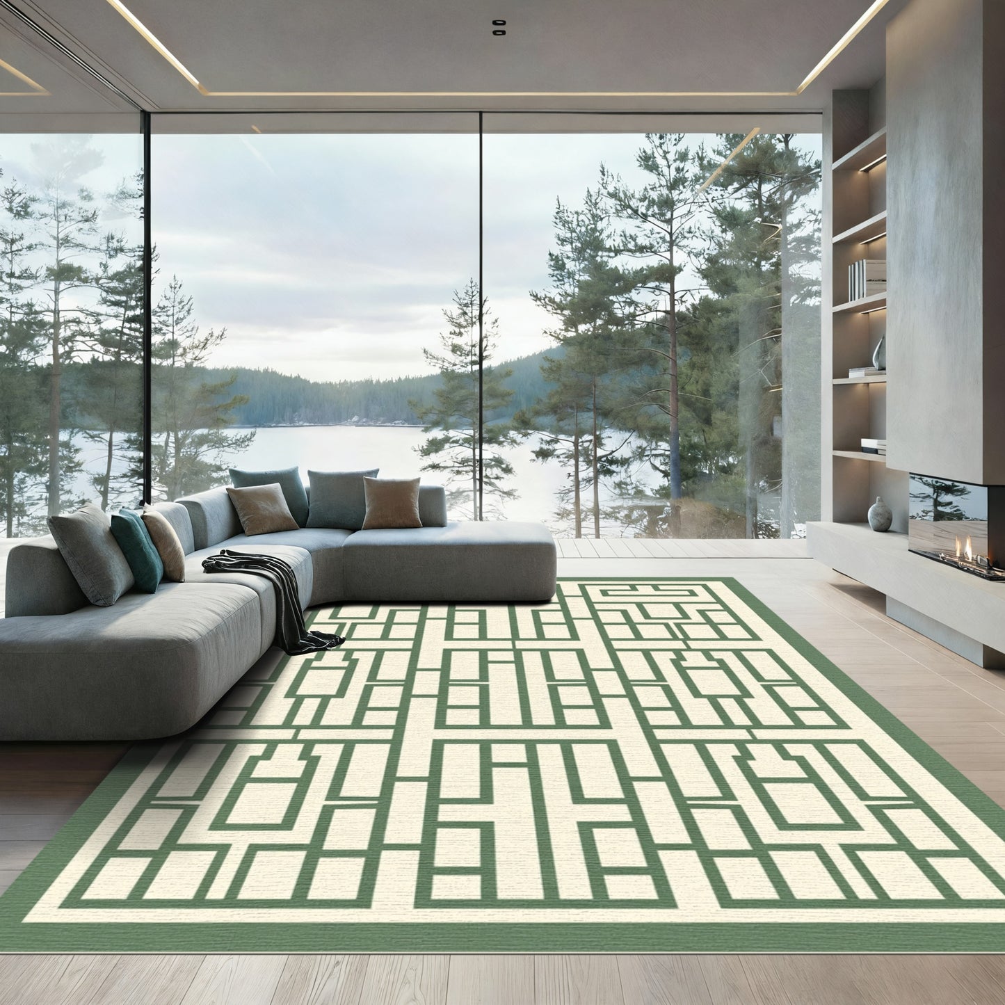 Green Geometric Panel Window Rug