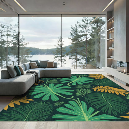 Tropical Leafy Pattern Green Gold Rug