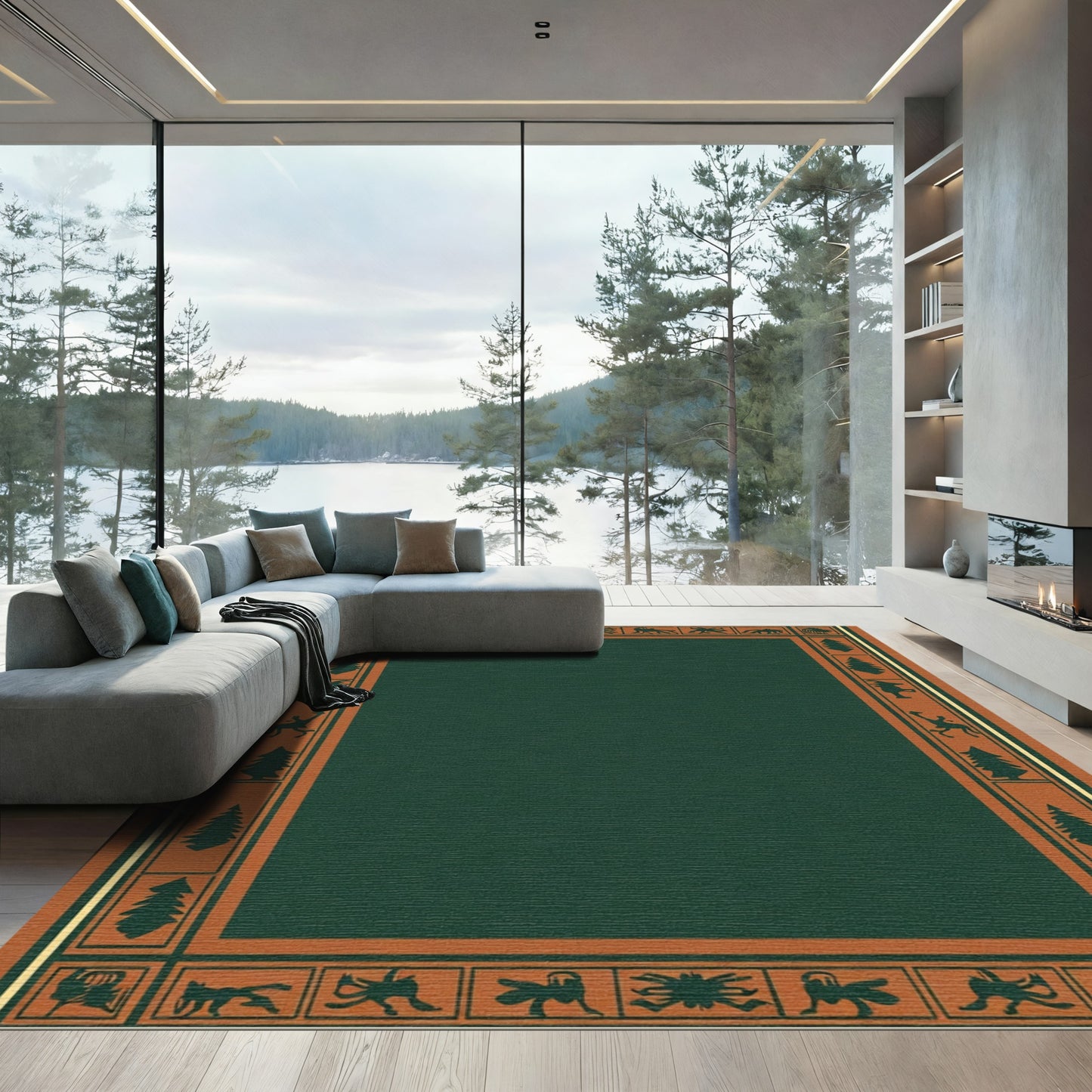 Forest Animals Terra Cotta Geometric Border Rug