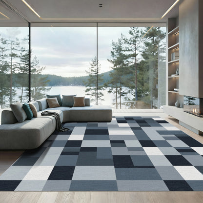 Modern Slate Gray Geometric Blocks Rug