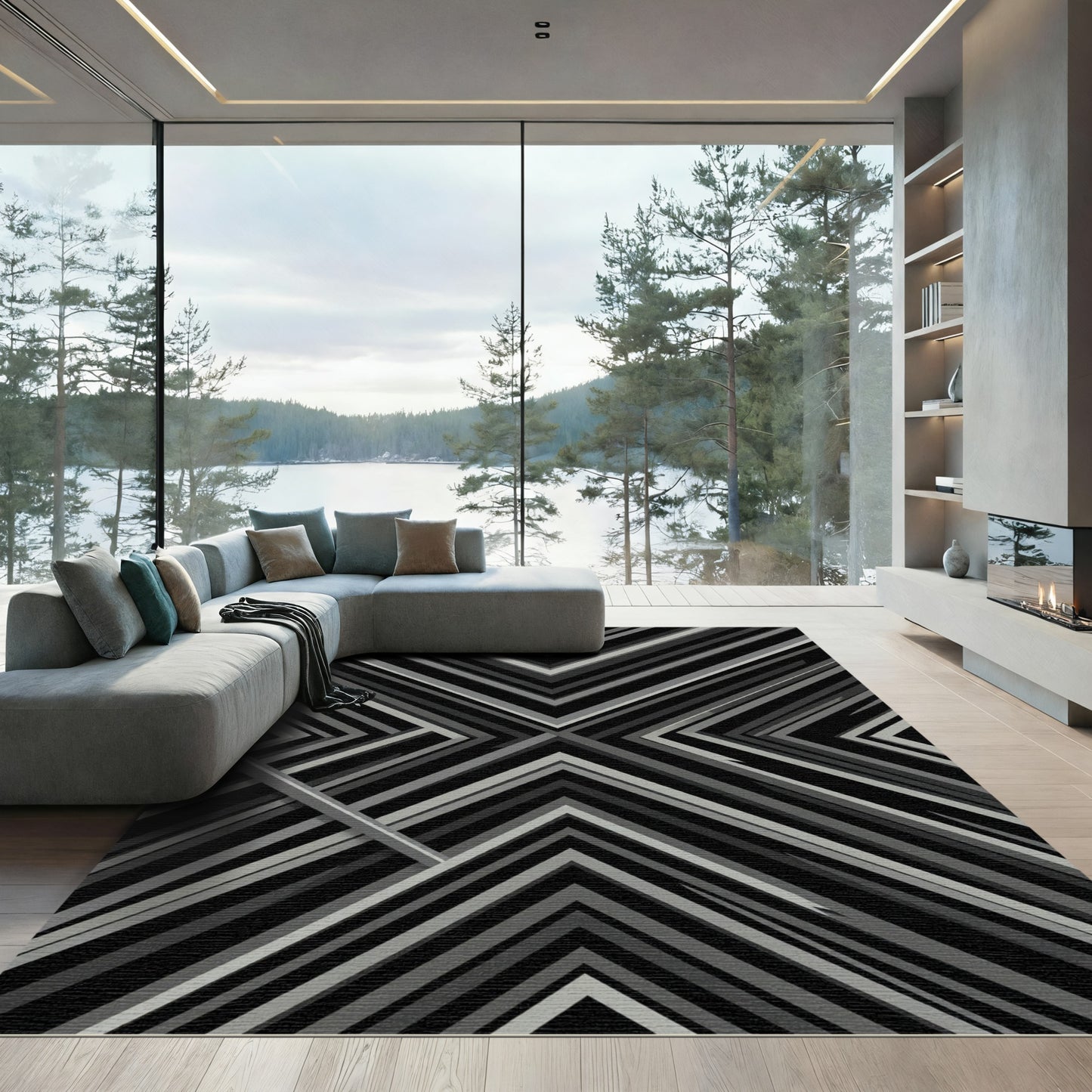Geometric Charcoal Chevron Layered Rug