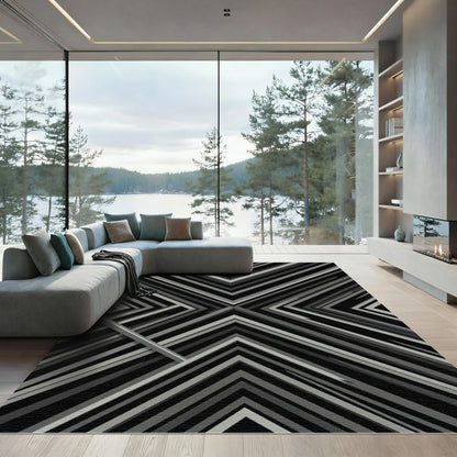Geometric Charcoal Chevron Layered Rug
