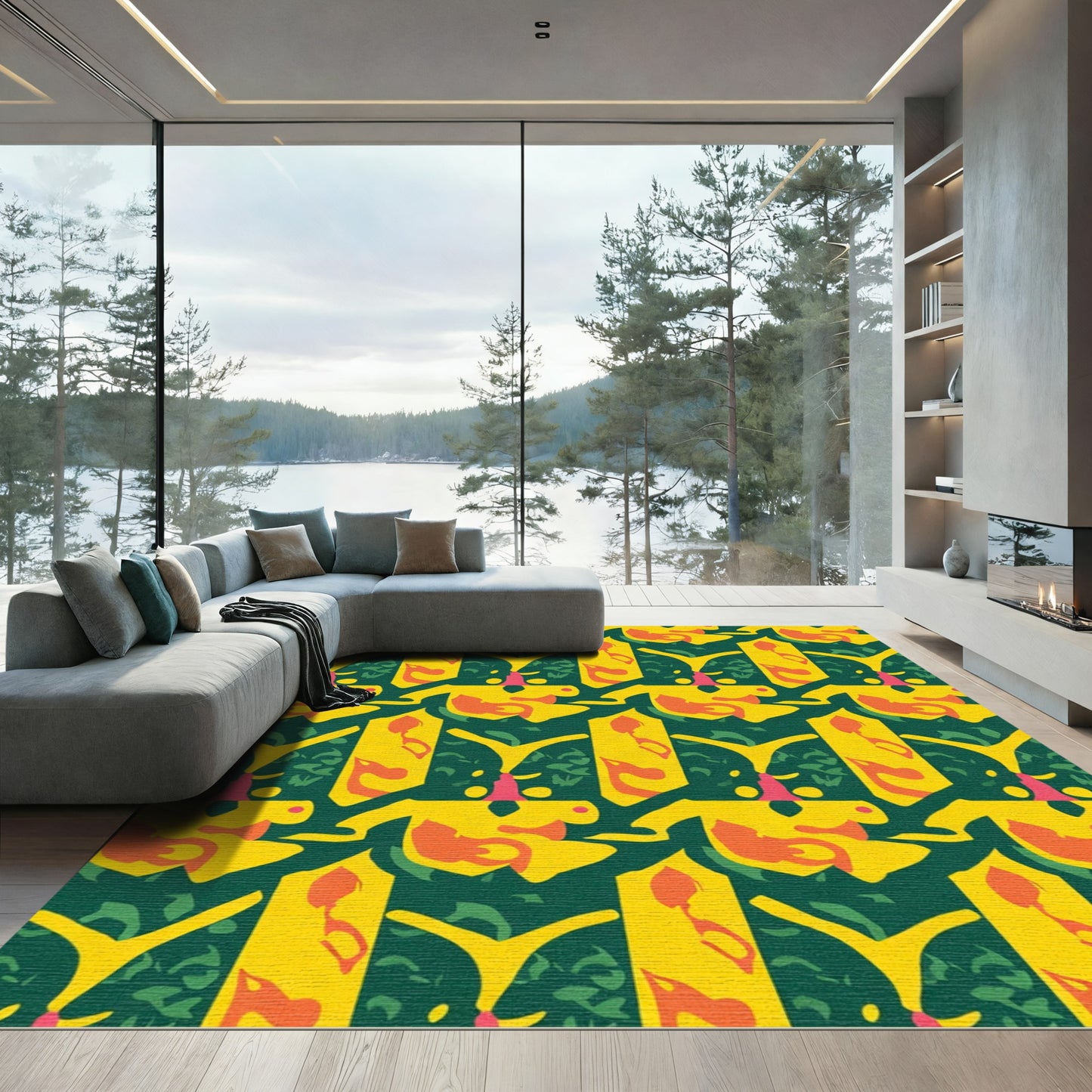 Golden Yellow Abstract Organic Forms Rug