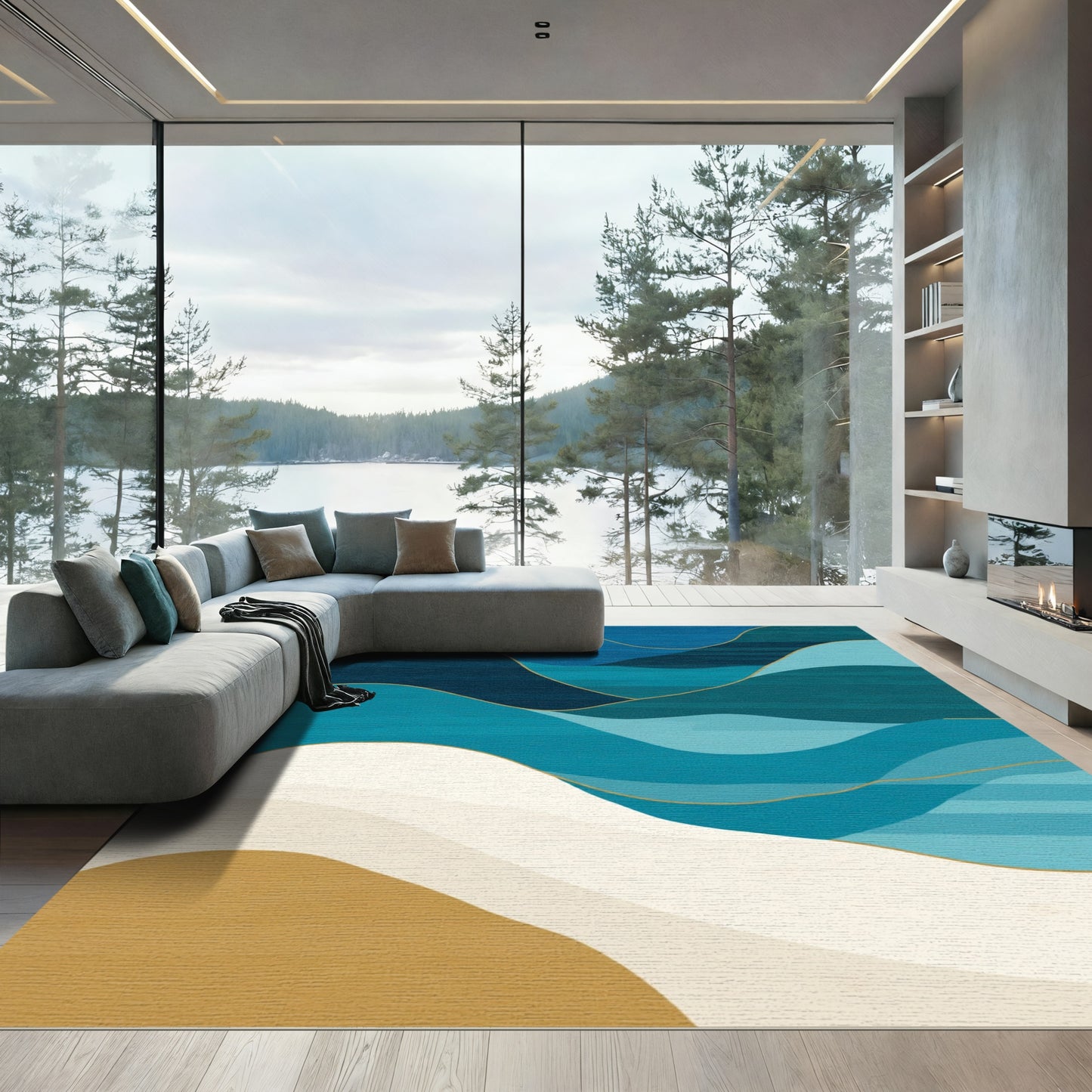 Coastal Abstract Wave Gold Line Rug