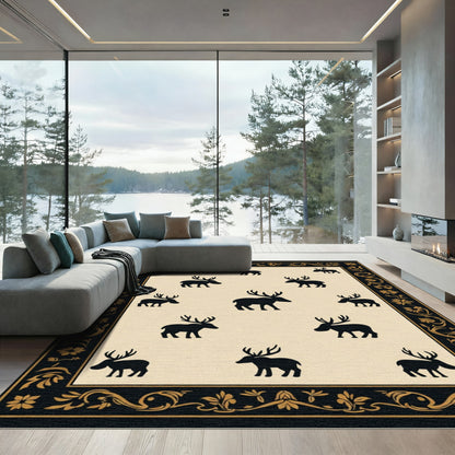 Black Reindeer Cream Border Rug