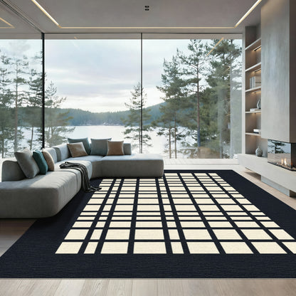 Cream and Black Plaid Grid Rug