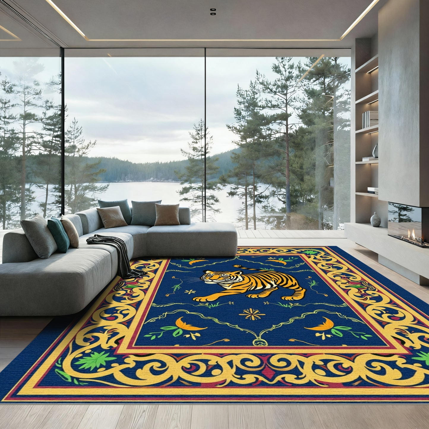 Majestic Tiger Blue Golden Floral Rug