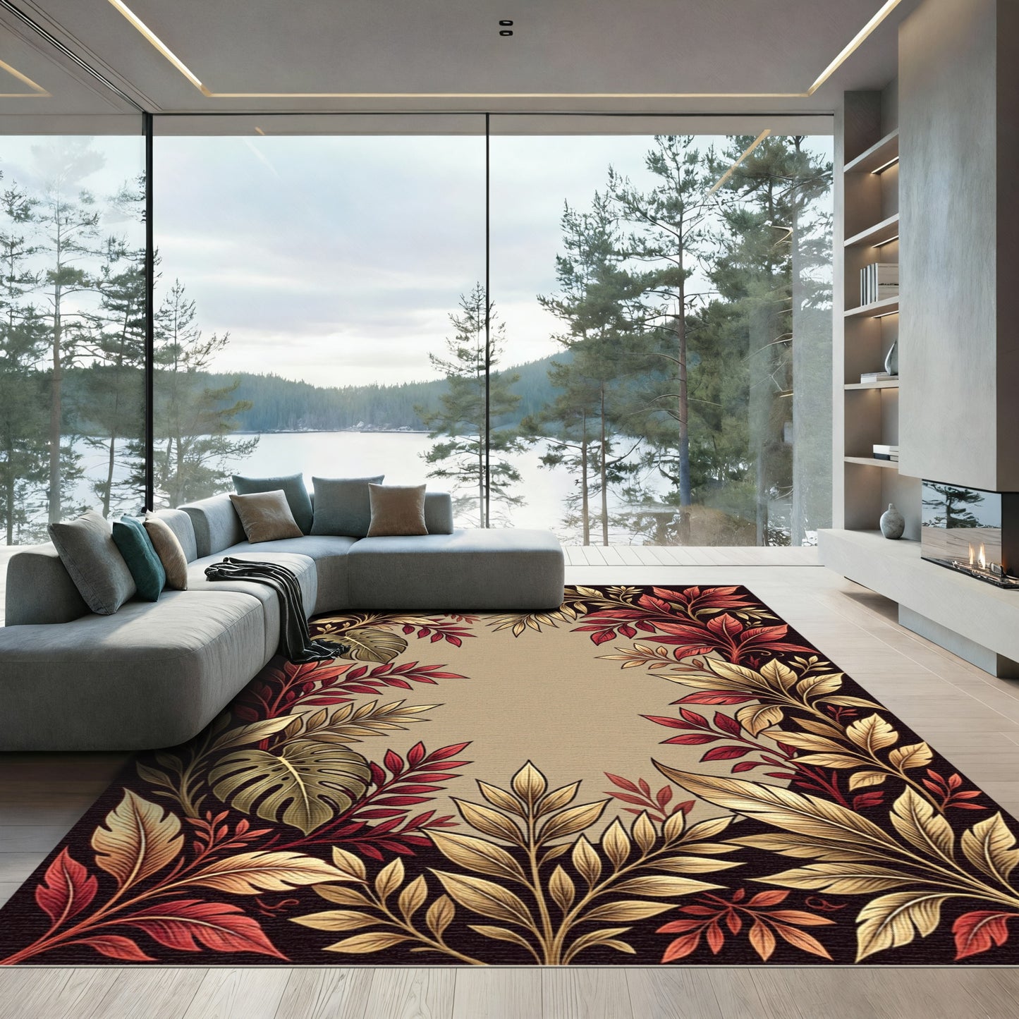 Crimson Gold Leafy Vine Border Rug