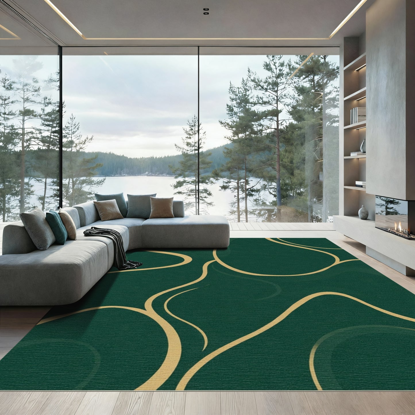 Deep Emerald Golden Swirl Art Rug