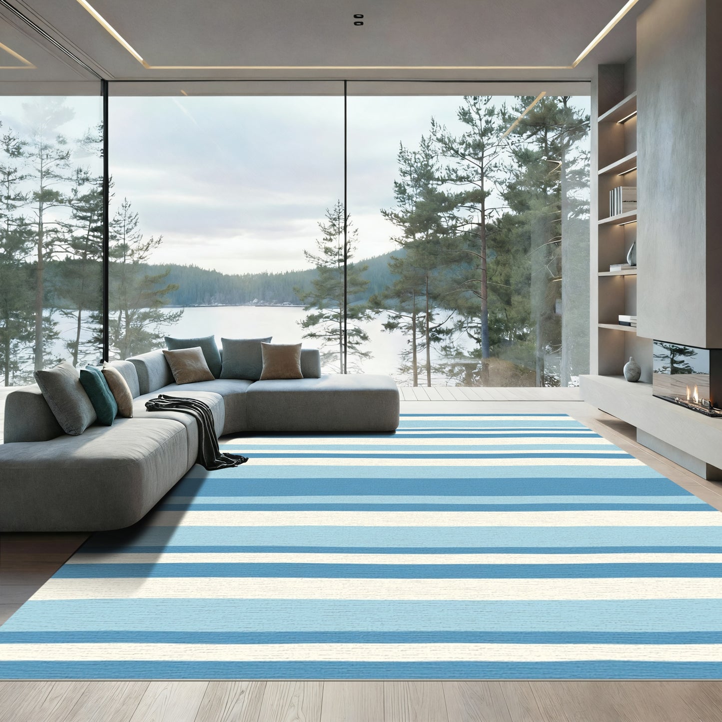 Blue White Striped Horizon Lines Rug