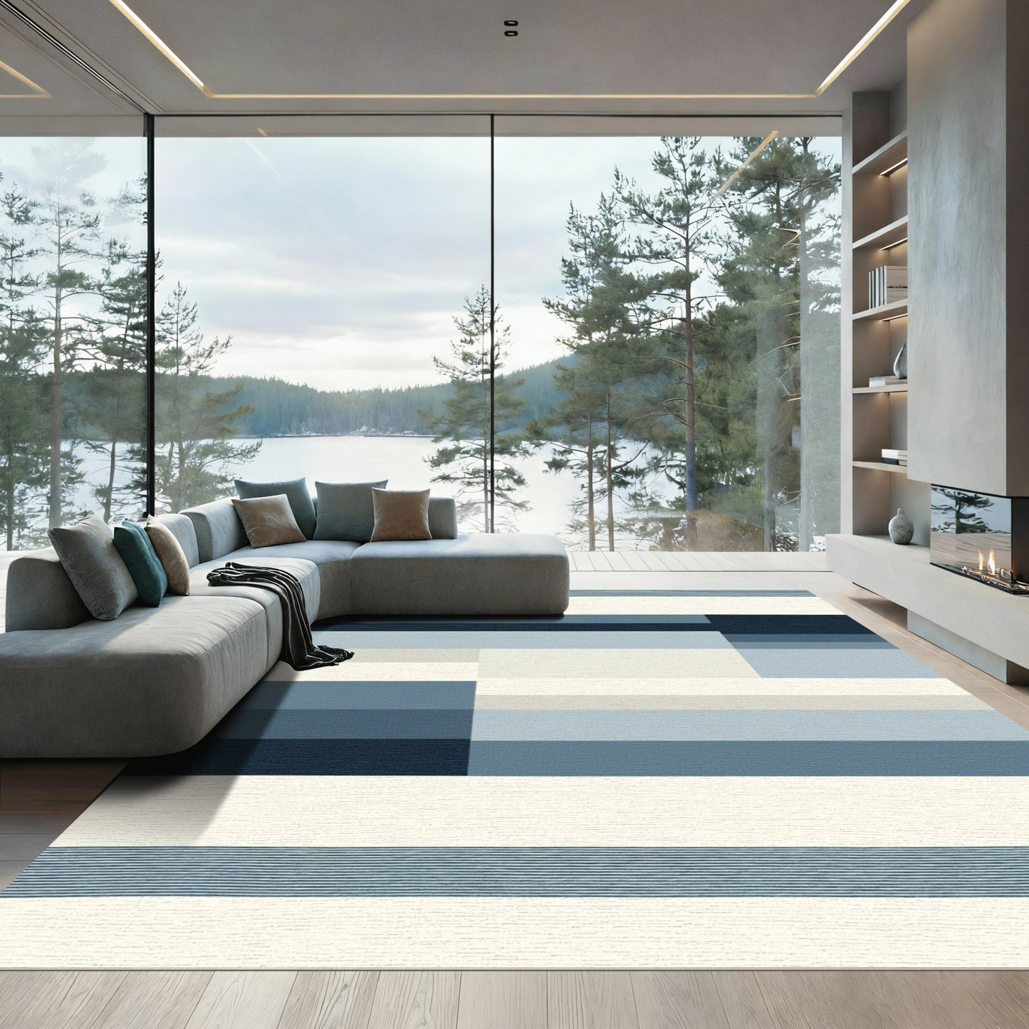 Geometric Blue Layered Stripe Rug