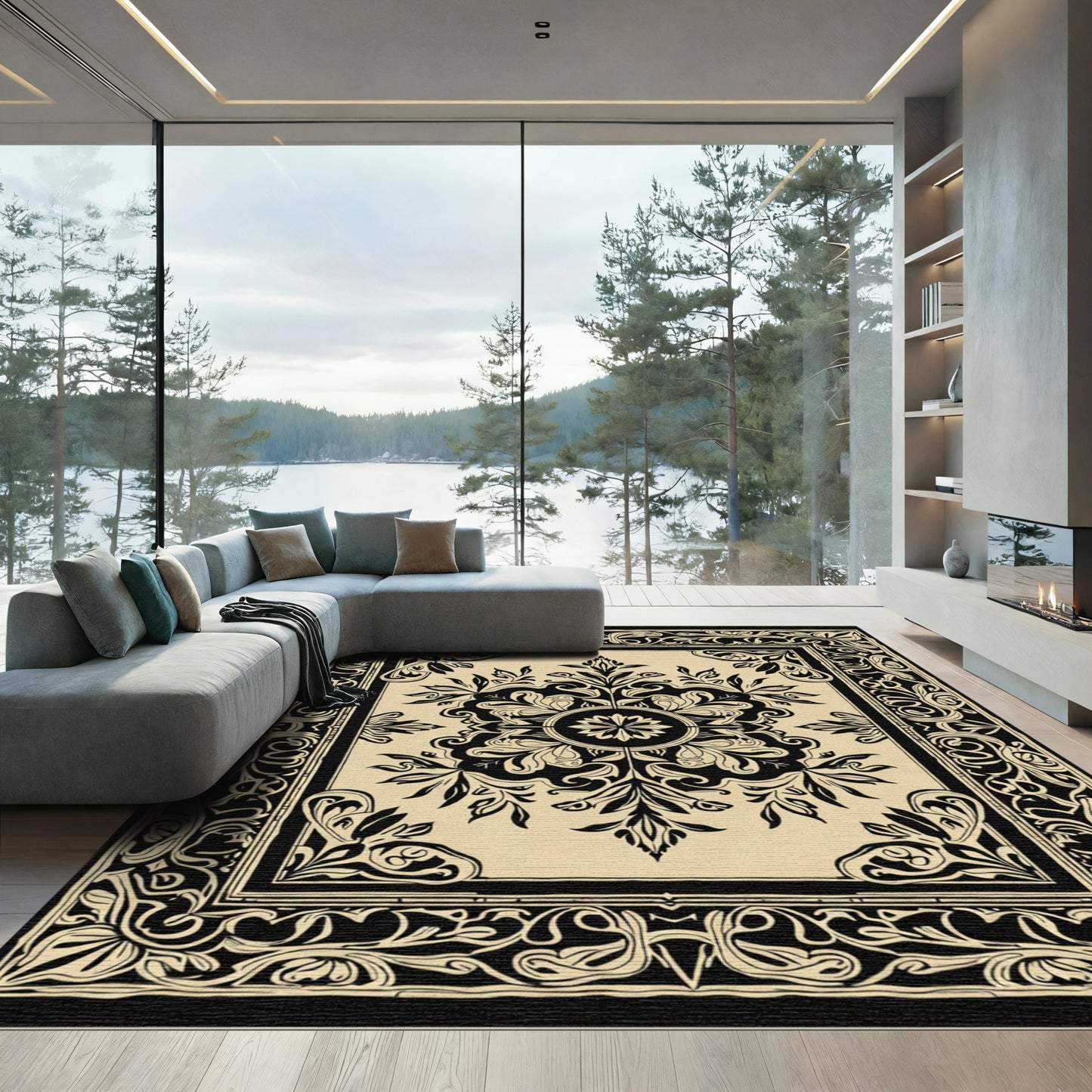 Black Beige Floral Medallion Square Rug