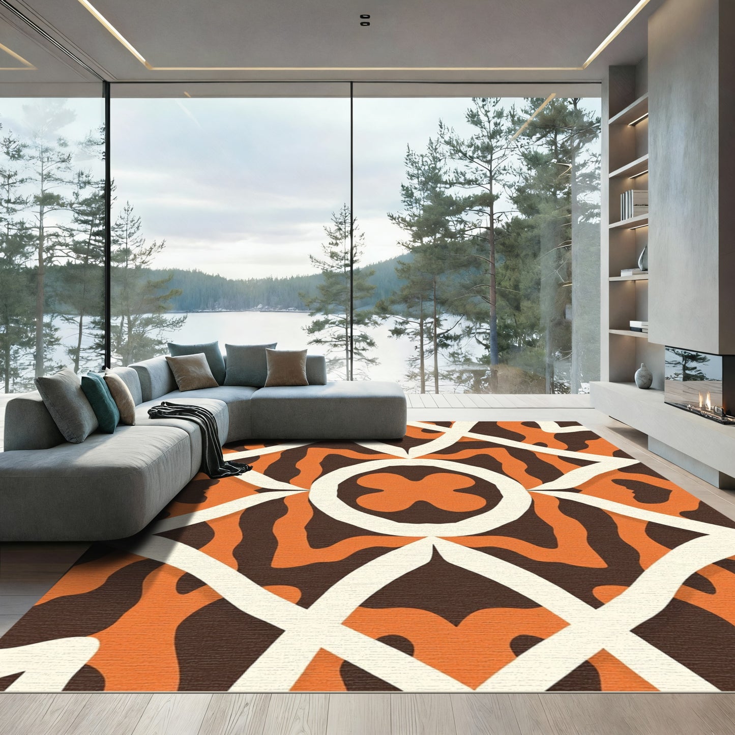 Bold Orange White Geometric Medallion Rug