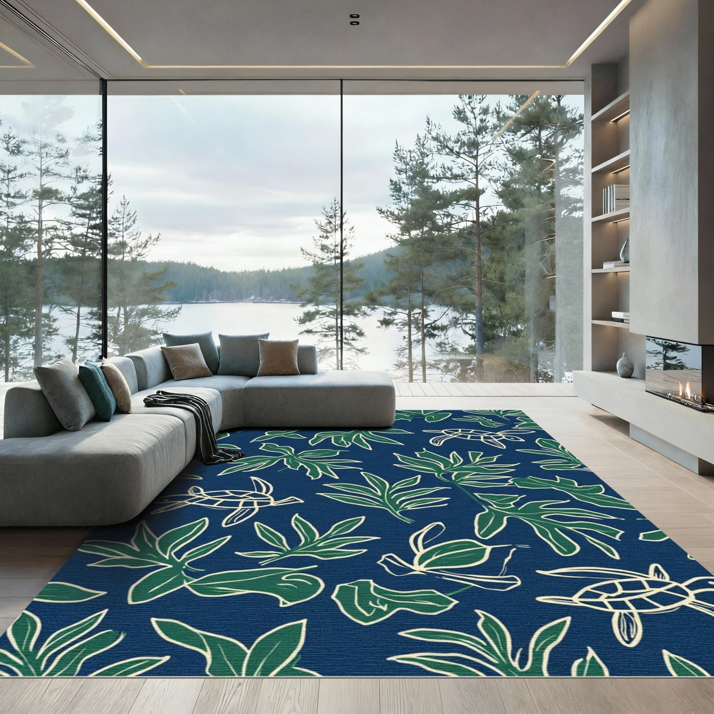 Navy Blue Tropical Turtle Leaf Collage Rug