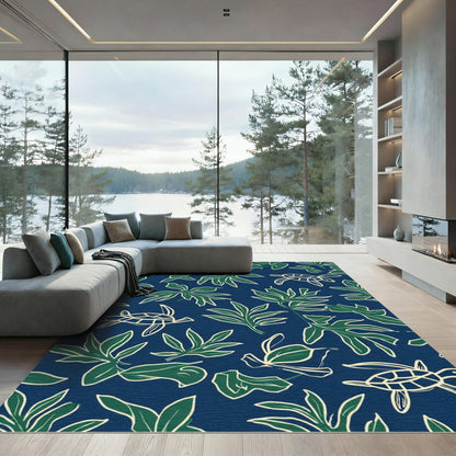 Navy Blue Tropical Turtle Leaf Collage Rug