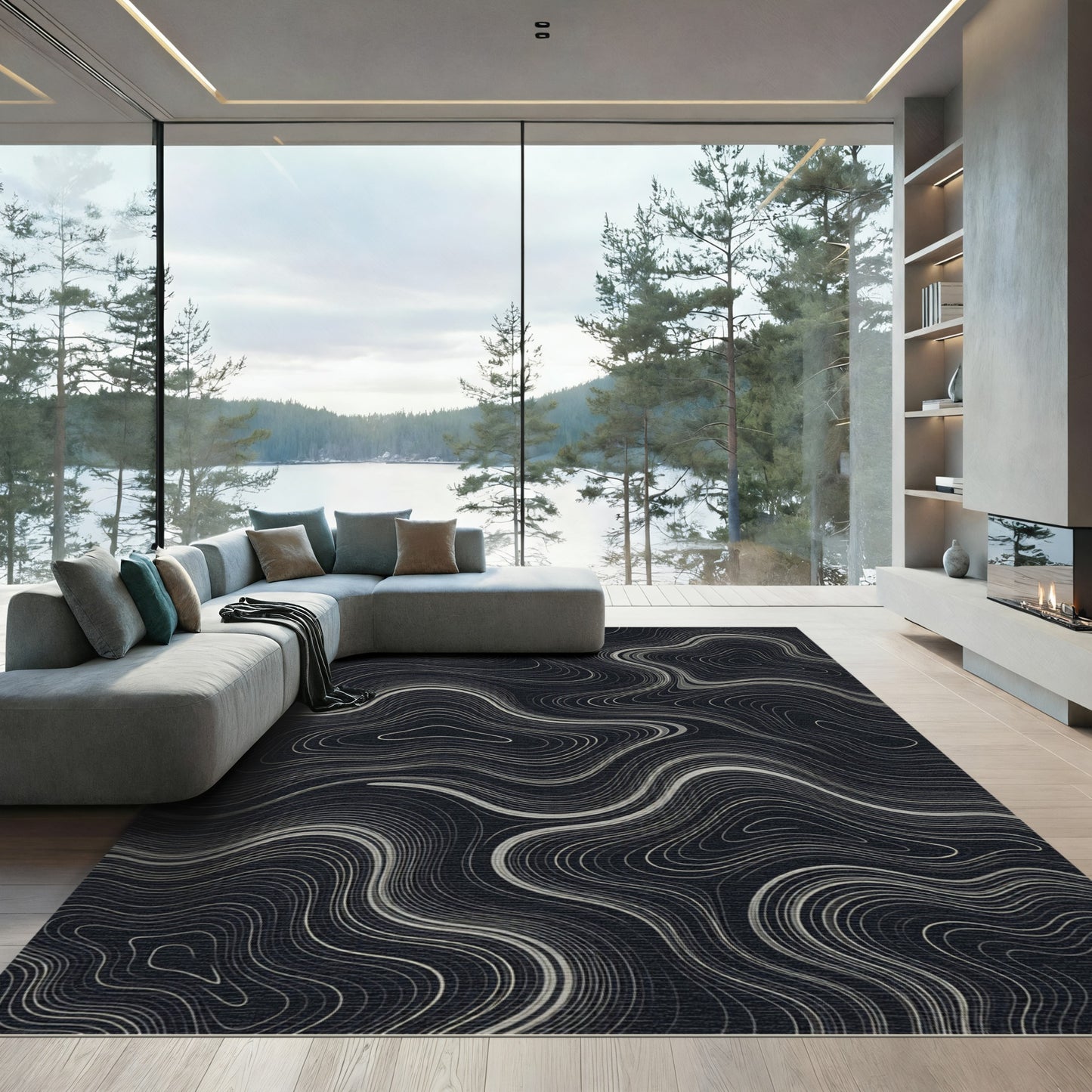 Modern Silver Contour Lines Rug