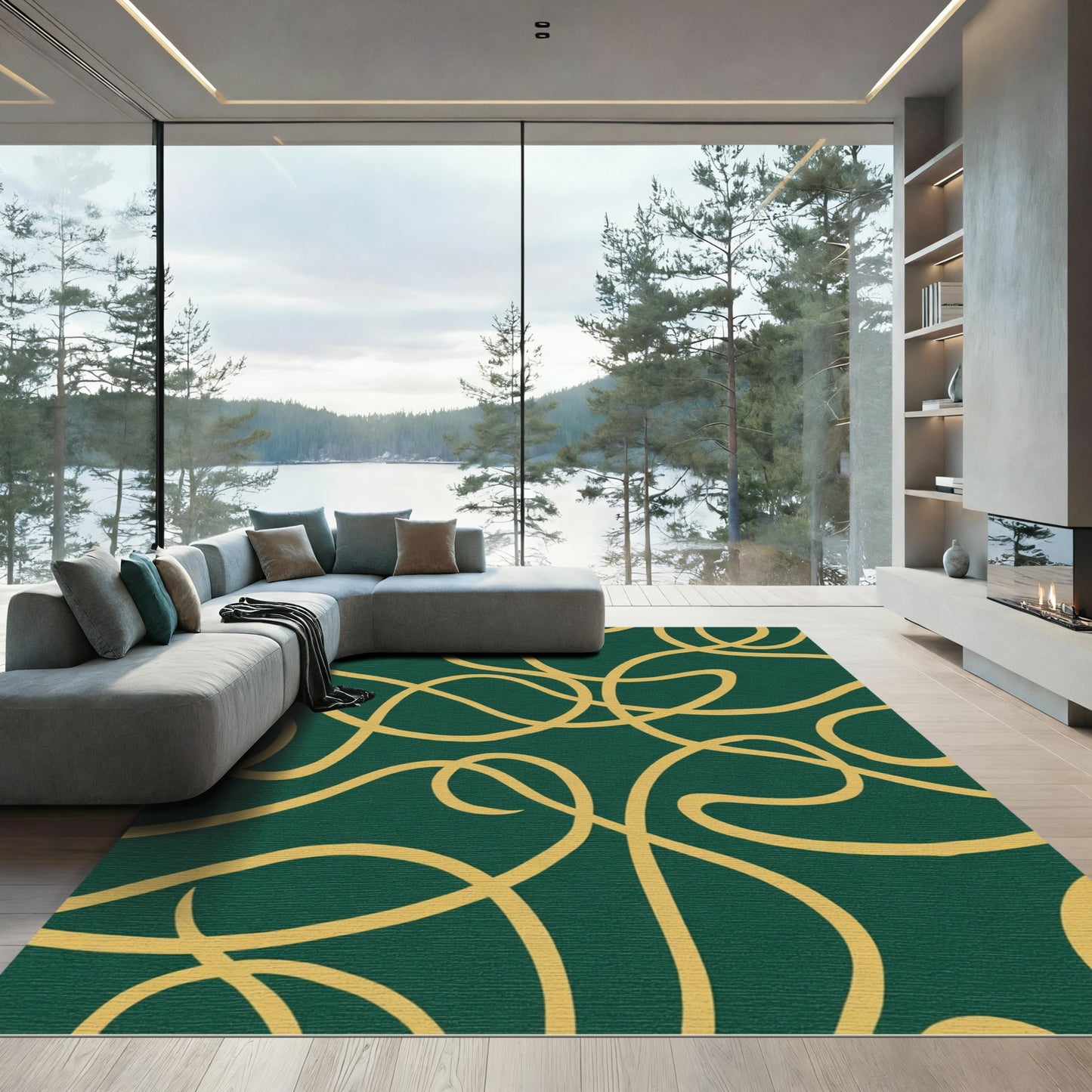 Emerald Gold Swirling Lines Rug