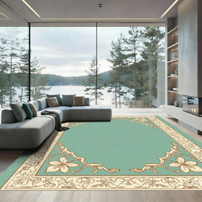Ornate Teal Border Floral Medallion Rug