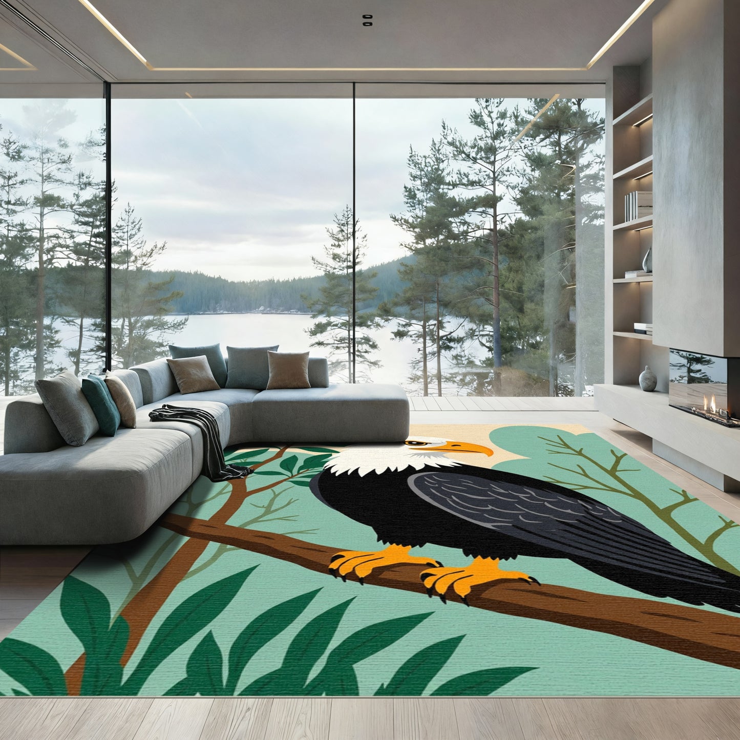 Majestic Eagle Perched Woodland Scene Rug