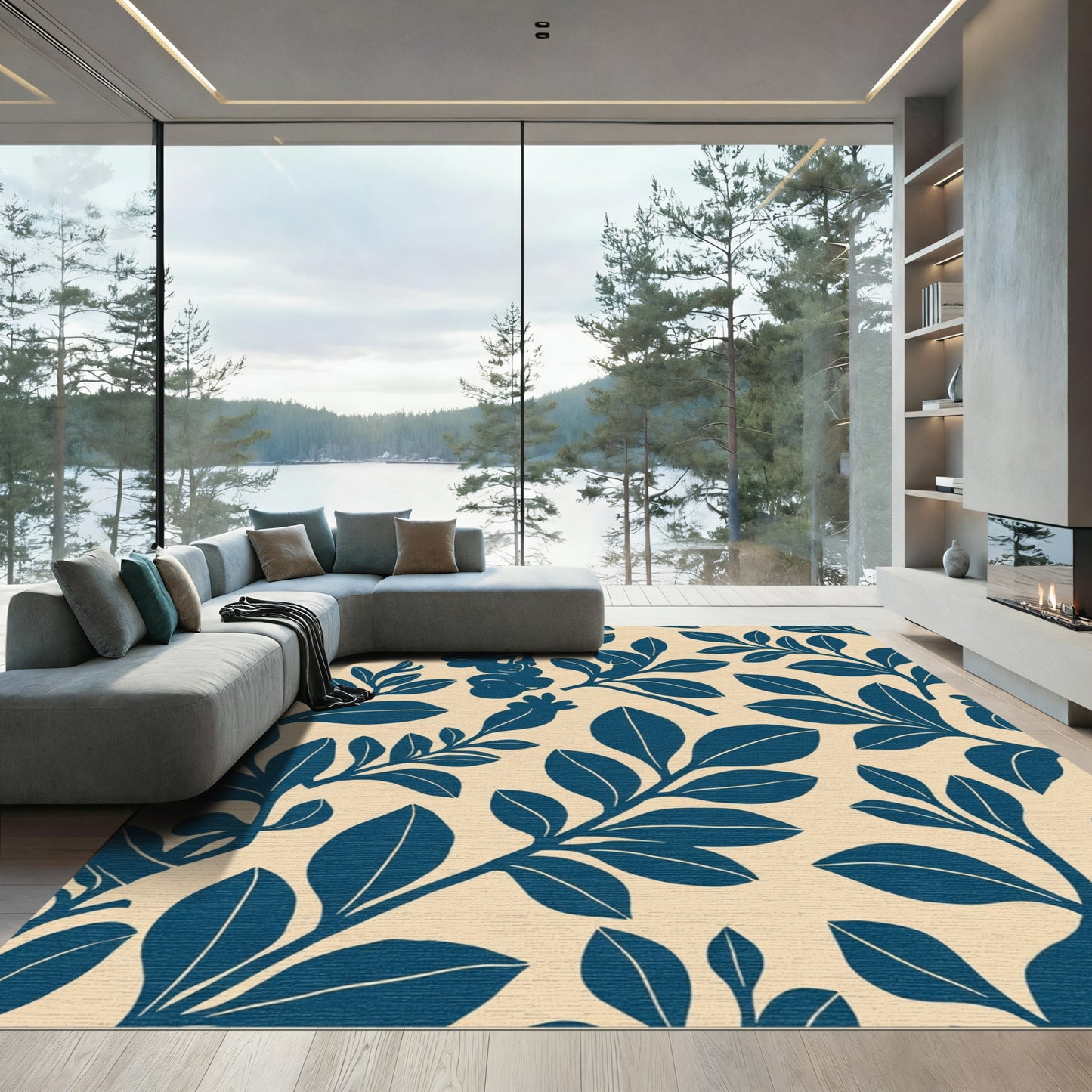 Deep Blue Animal Foliage Silhouette Rug