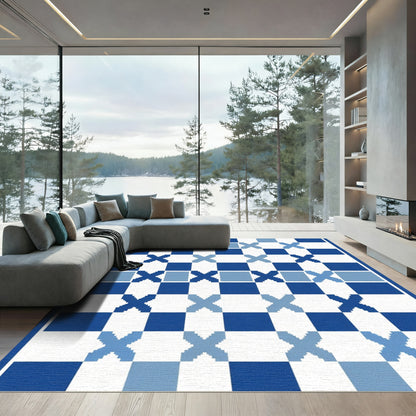 Deep Blue White Geometric Squares Rug