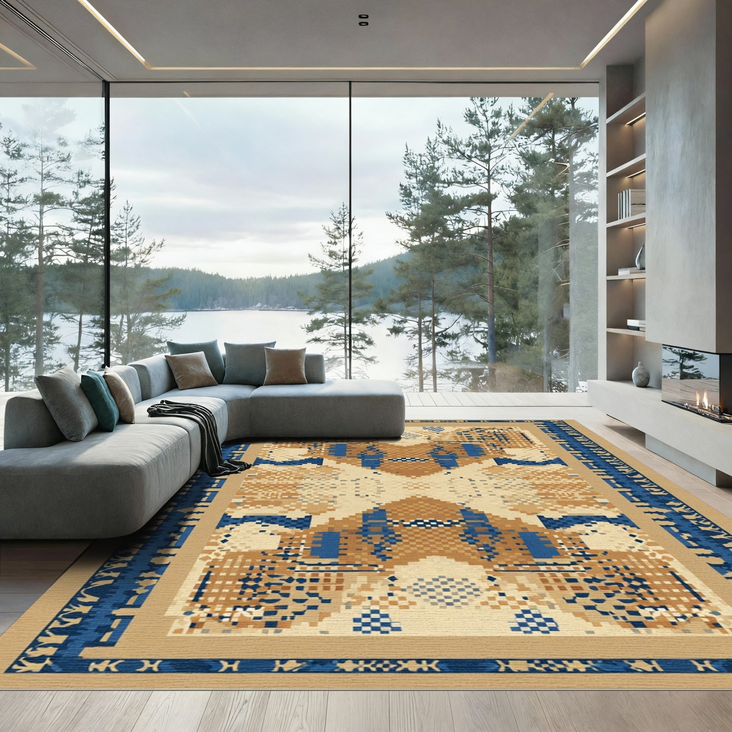 Geometric Tan Blue Abstract Garden Rug