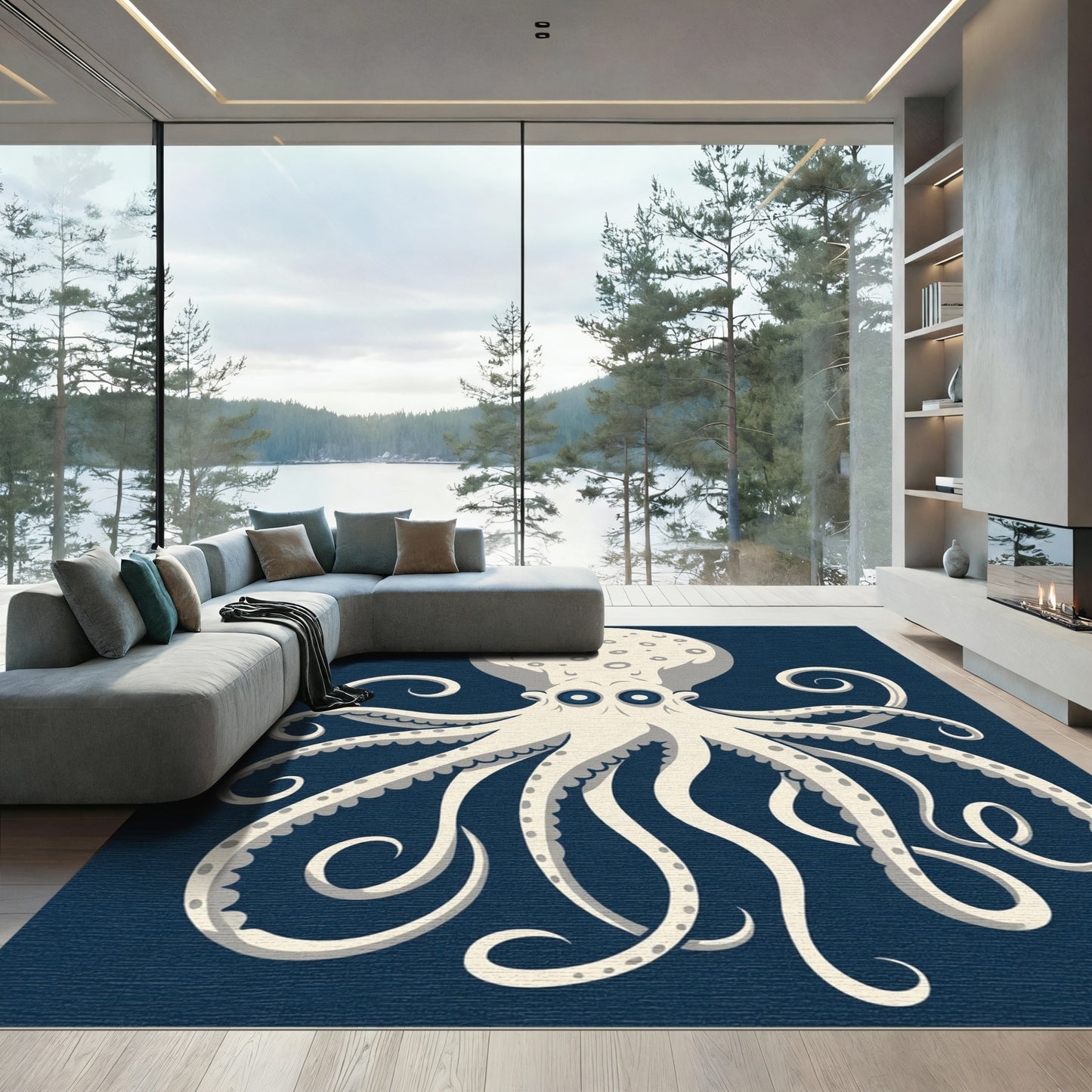 Cream Octopus Big Eyes Navy Rug