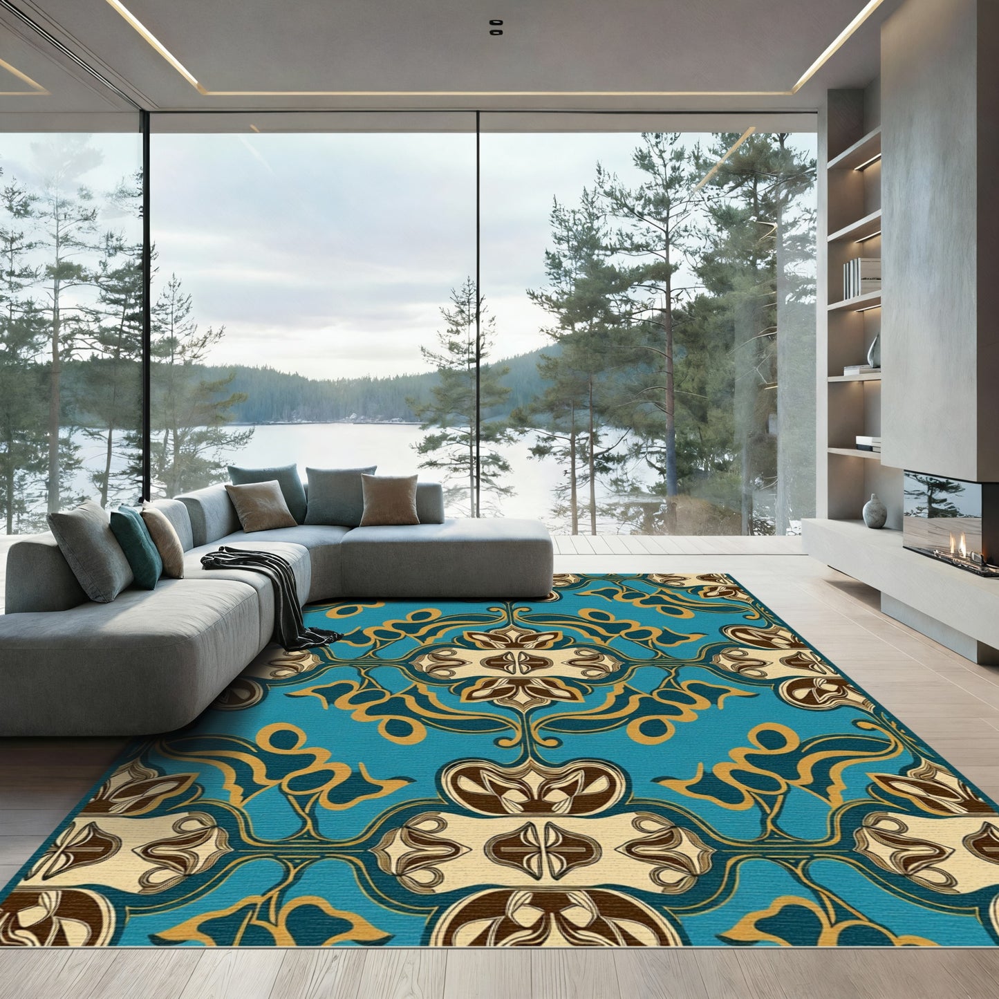Turquoise Gold Brown Art Nouveau Floral Rug