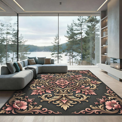 Ornate Pink Blossom Scrollwork Rug